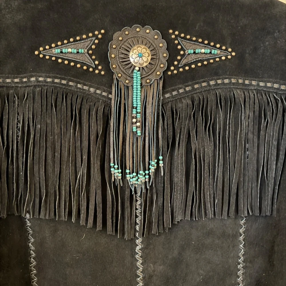 Vintage Black Suede fringe cropped jacket- Large - Picture 4 of 7